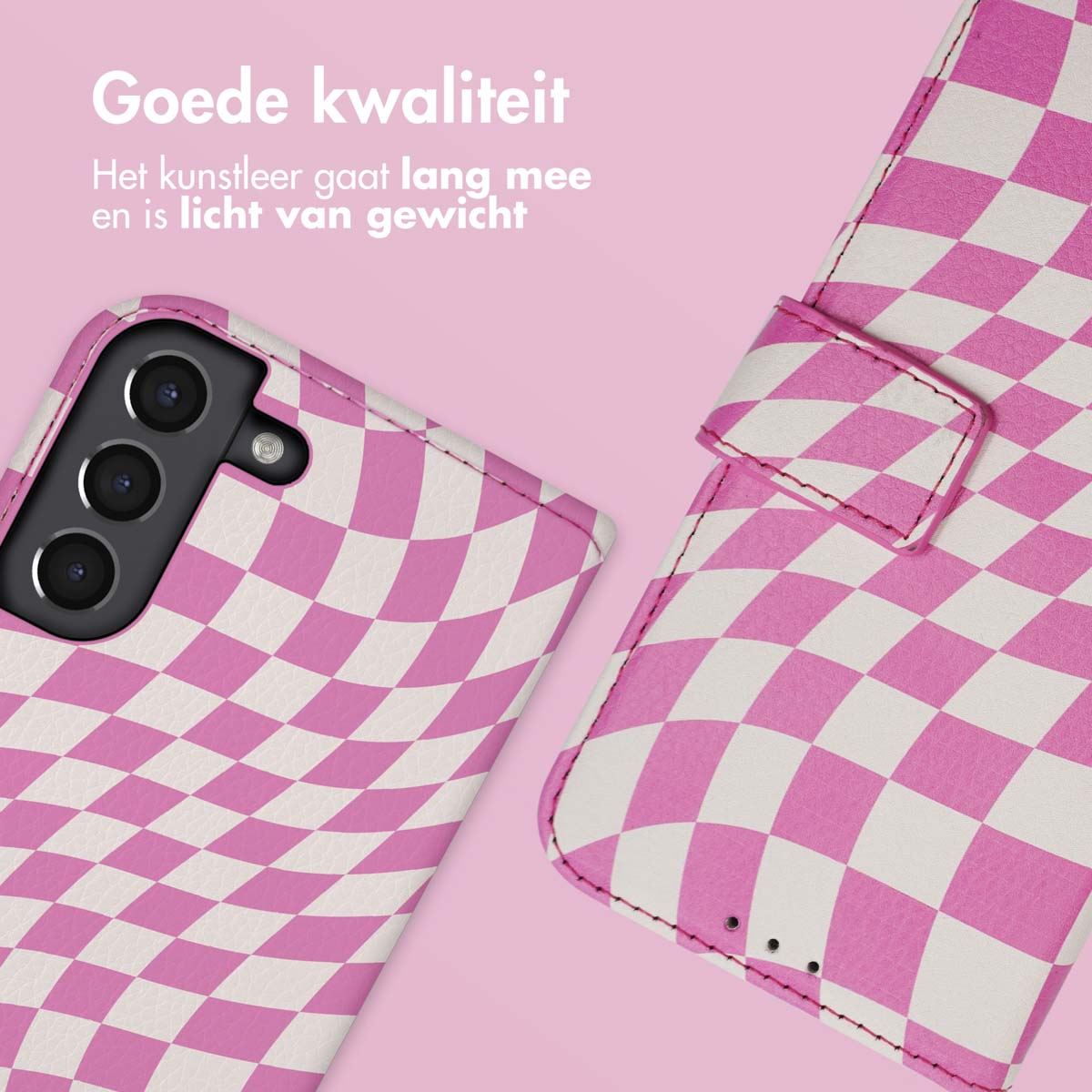 Roze en witte geruite telefoonhoes en hoesje op een roze ondergrond.