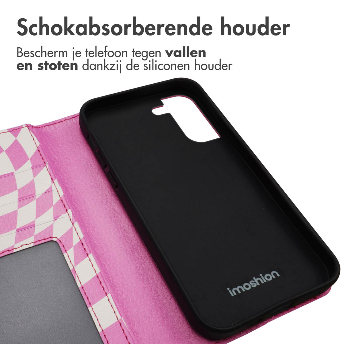 Roze en witte geruite telefoonhoes. Een zwart telefoonhoesinterieur wordt getoond, open. Roze achtergrond.