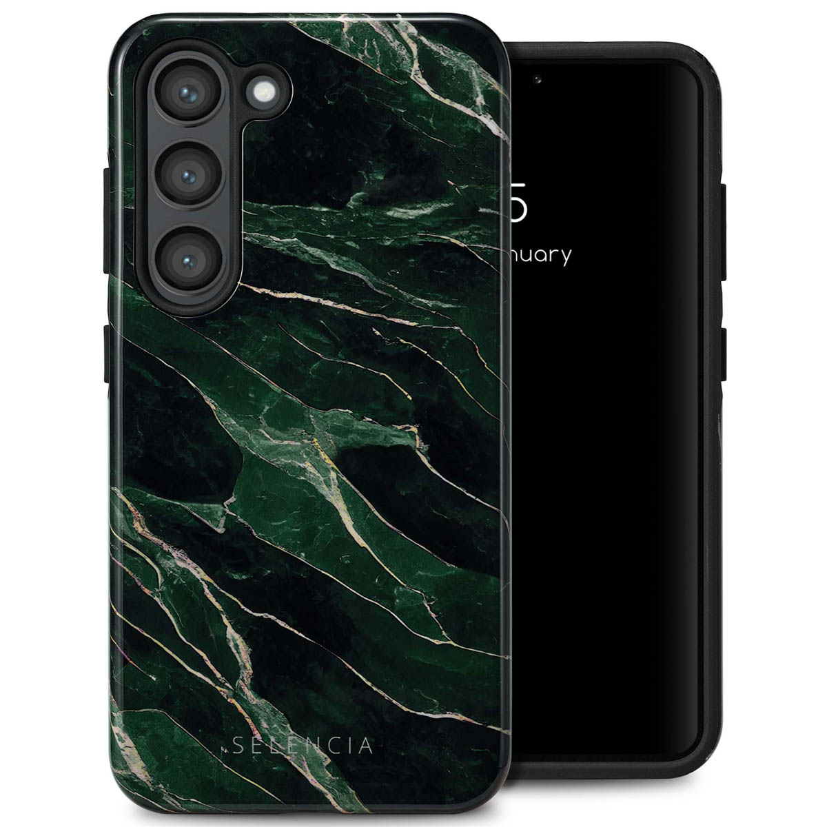 Coque de téléphone en marbre vert sur un téléphone noir. Le téléphone est à droite.