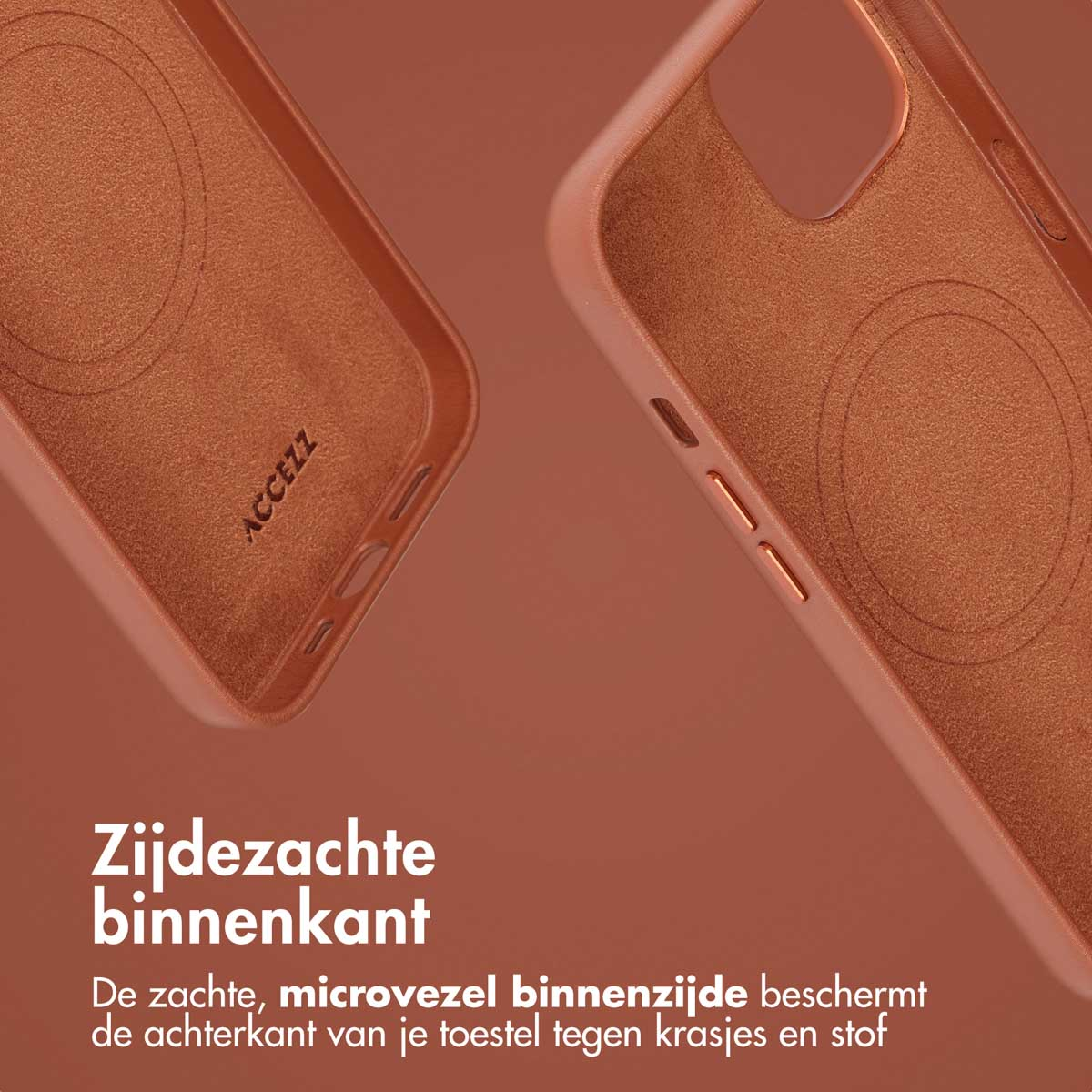 Close-up van een bruine telefoonhoes binnenkant. Zachte microvezel beschermt tegen krassen.