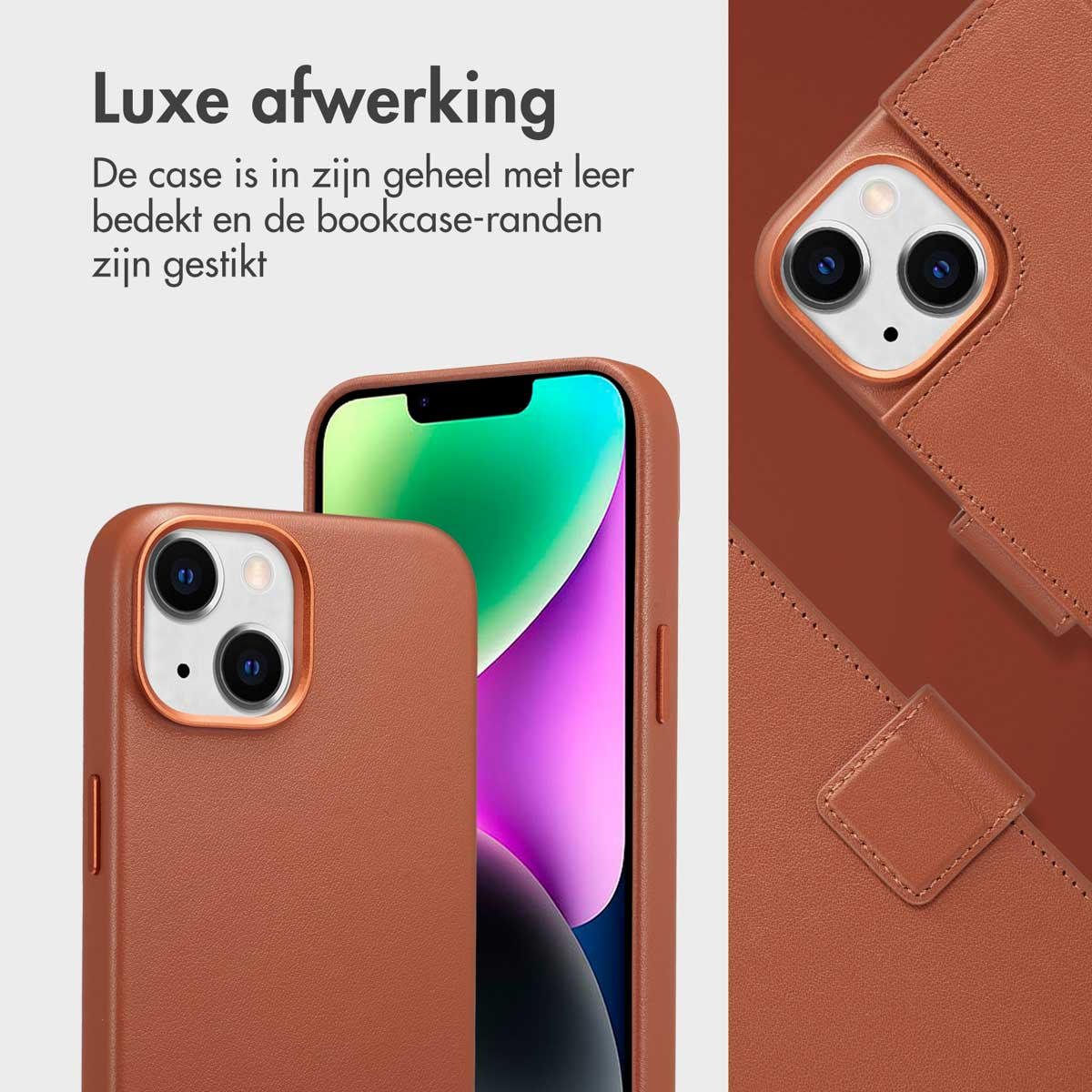 Bruine leren telefoonhoes en iPhone. Gouden afwerking. Tekst: Luxe afwerking. Boekenkast randen gestikt.