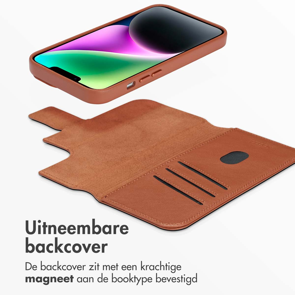 Bruine telefoonhoes en een telefoon. Tekst: 'Verwijderbare achterkant'. Toont de achterkant aan de telefoon.