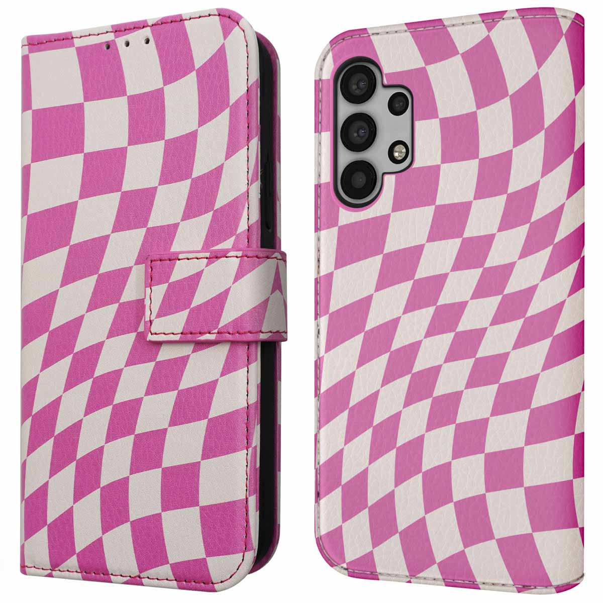 Roze en witte geblokte telefoonhoes in open positie, de telefoon tonend.