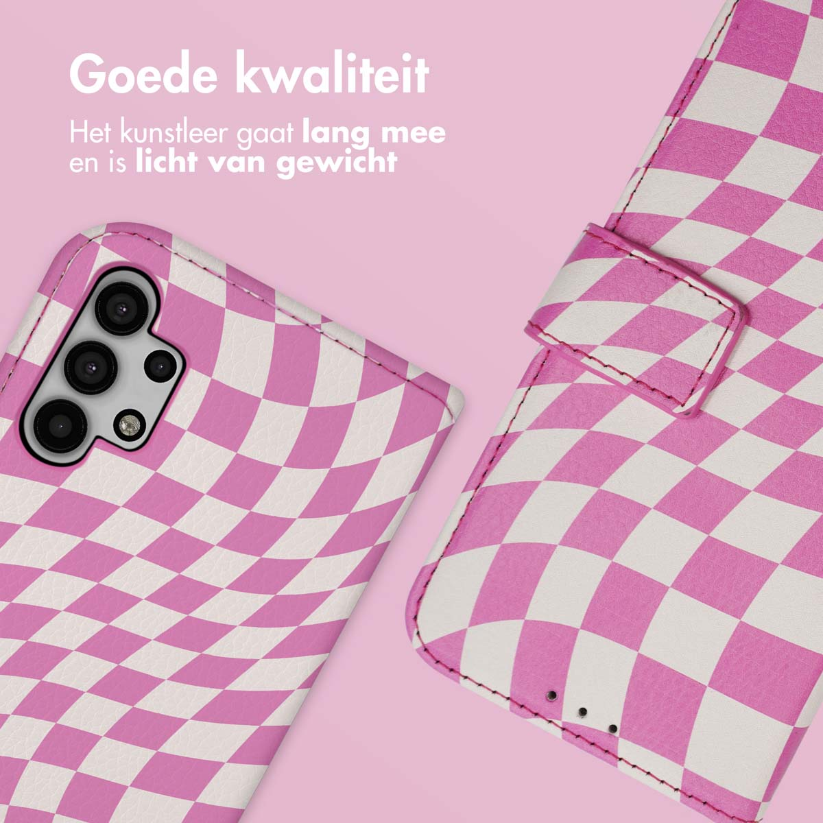 Roze en witte geruite telefoonhoes, open. De telefoonhoes is open en toont de binnenkant.
