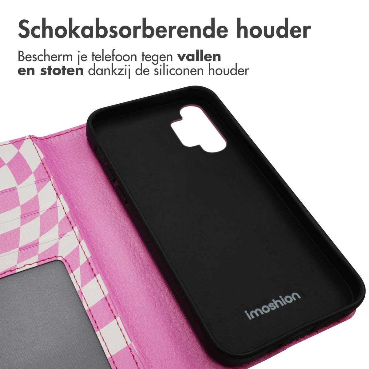 Roze telefoonhoesje met een telefoon erin. Zwarte binnenkant.