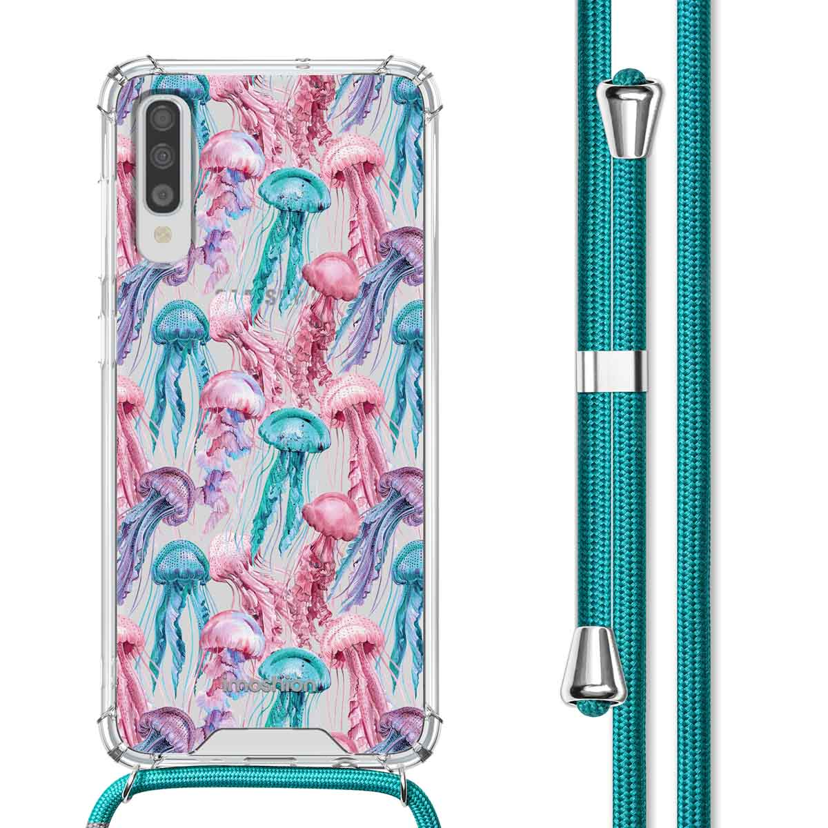 Coque de téléphone transparente avec un motif de méduses. Un cordon sarcelle est attaché à la coque.