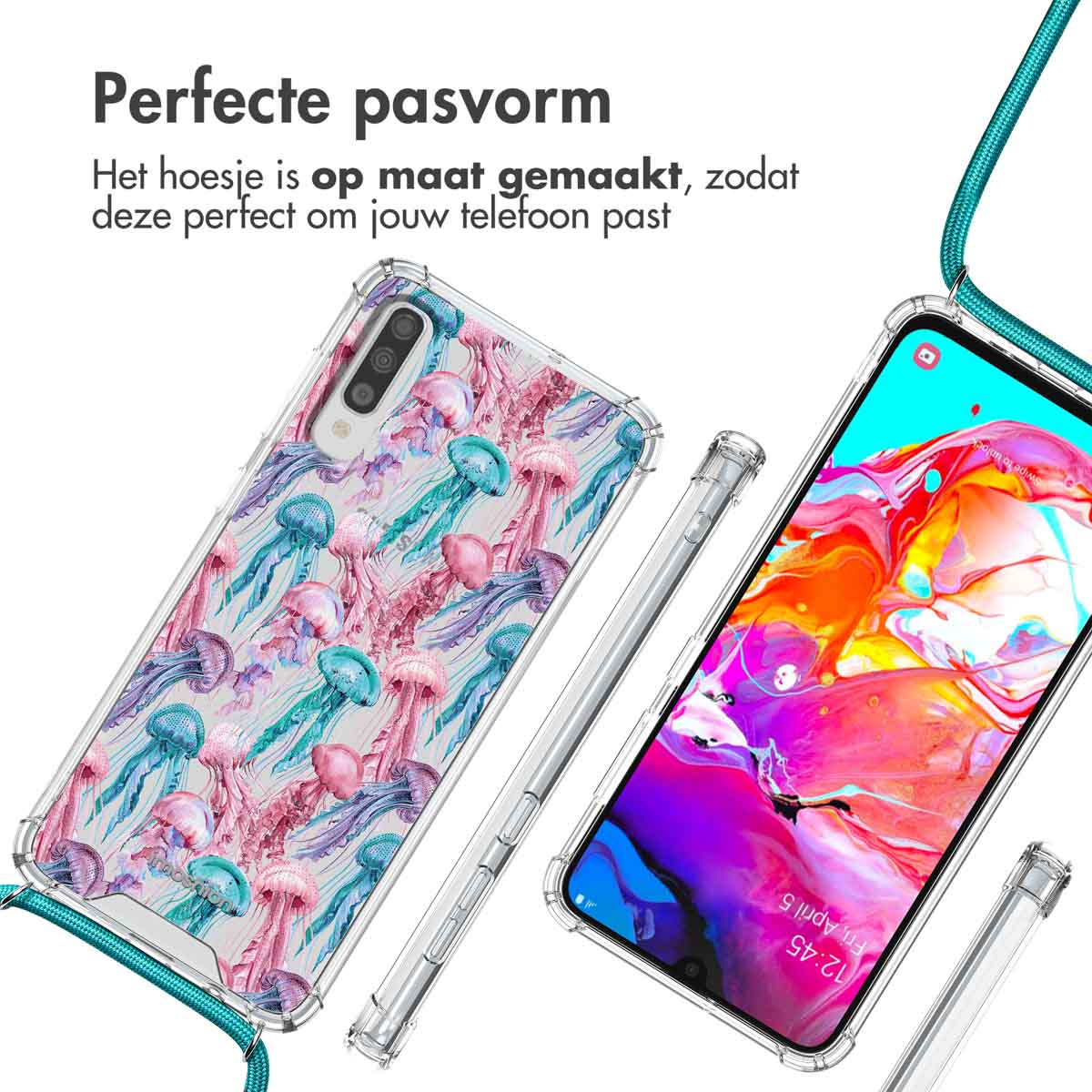 Coque de téléphone avec motif de méduses, et un téléphone affichant l'heure et la date.