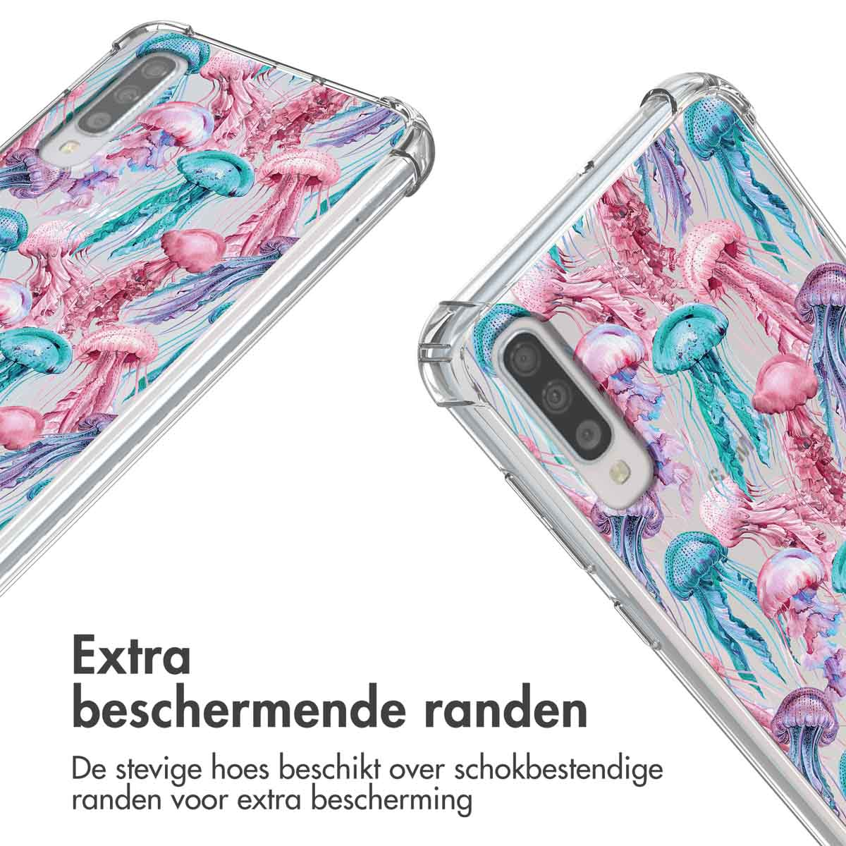 Deux coques de téléphone avec un motif de méduses, une dans chaque coin. Housse de protection transparente.