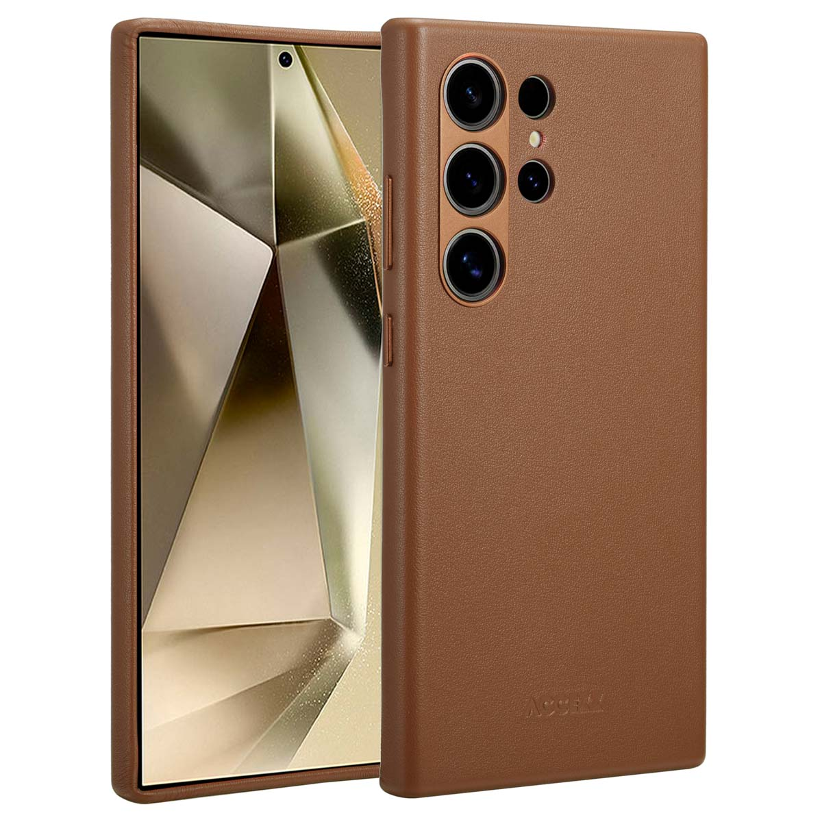 Bruine telefoonhoes en telefoon met een ledertextuur.