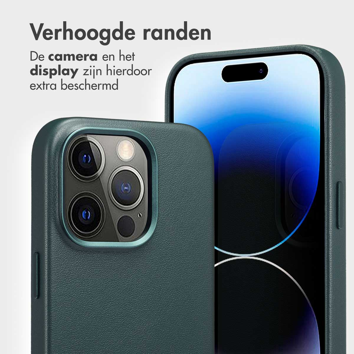 Custodia per telefono verde con un telefono all'interno, che mostra gli obiettivi della fotocamera.
