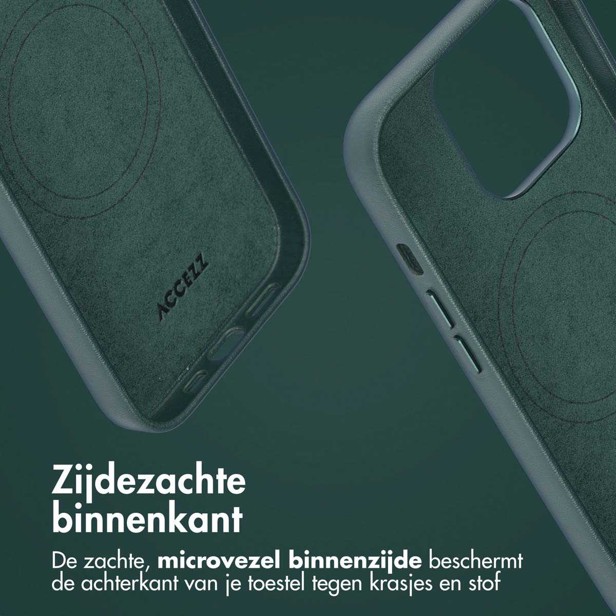 Interno della custodia del telefono verde. L'interno della custodia è morbido. Il marchio ACCEZZ è visibile.