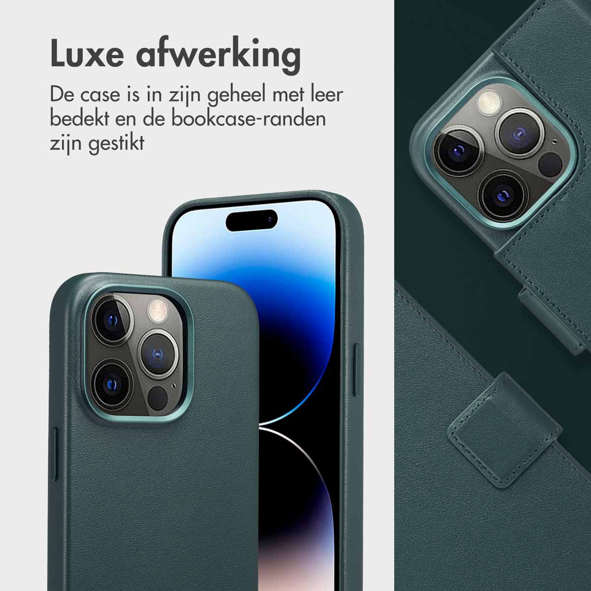 Custodia e telefono verde scuro. Testo: La custodia è rivestita in pelle, i bordi sono cuciti.