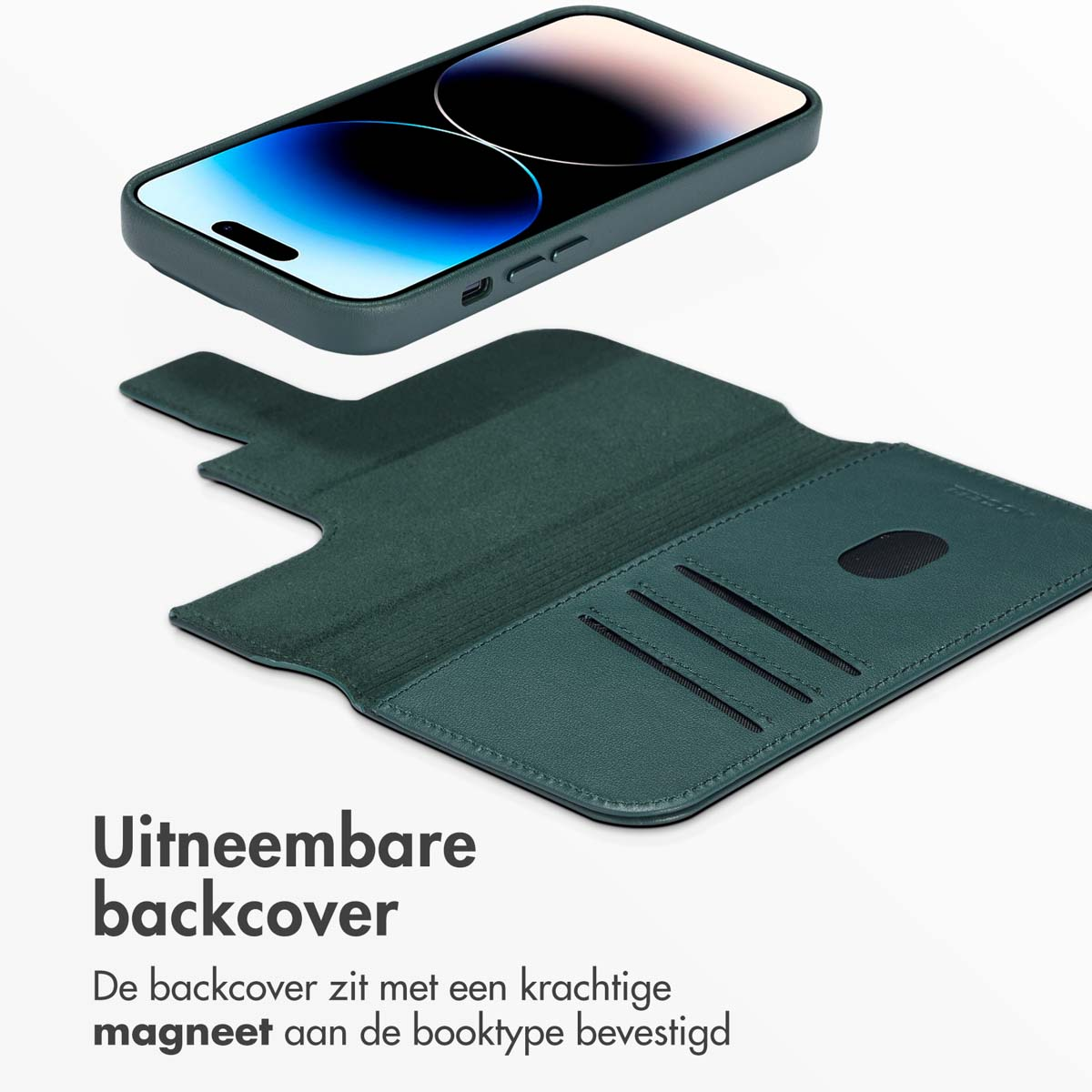 Custodia verde per telefono con cover posteriore rimovibile, che mostra il telefono e la custodia.