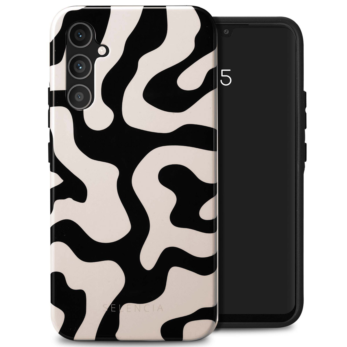 Telefoon met een zwart-witte abstracte hoes, met een zwart scherm.