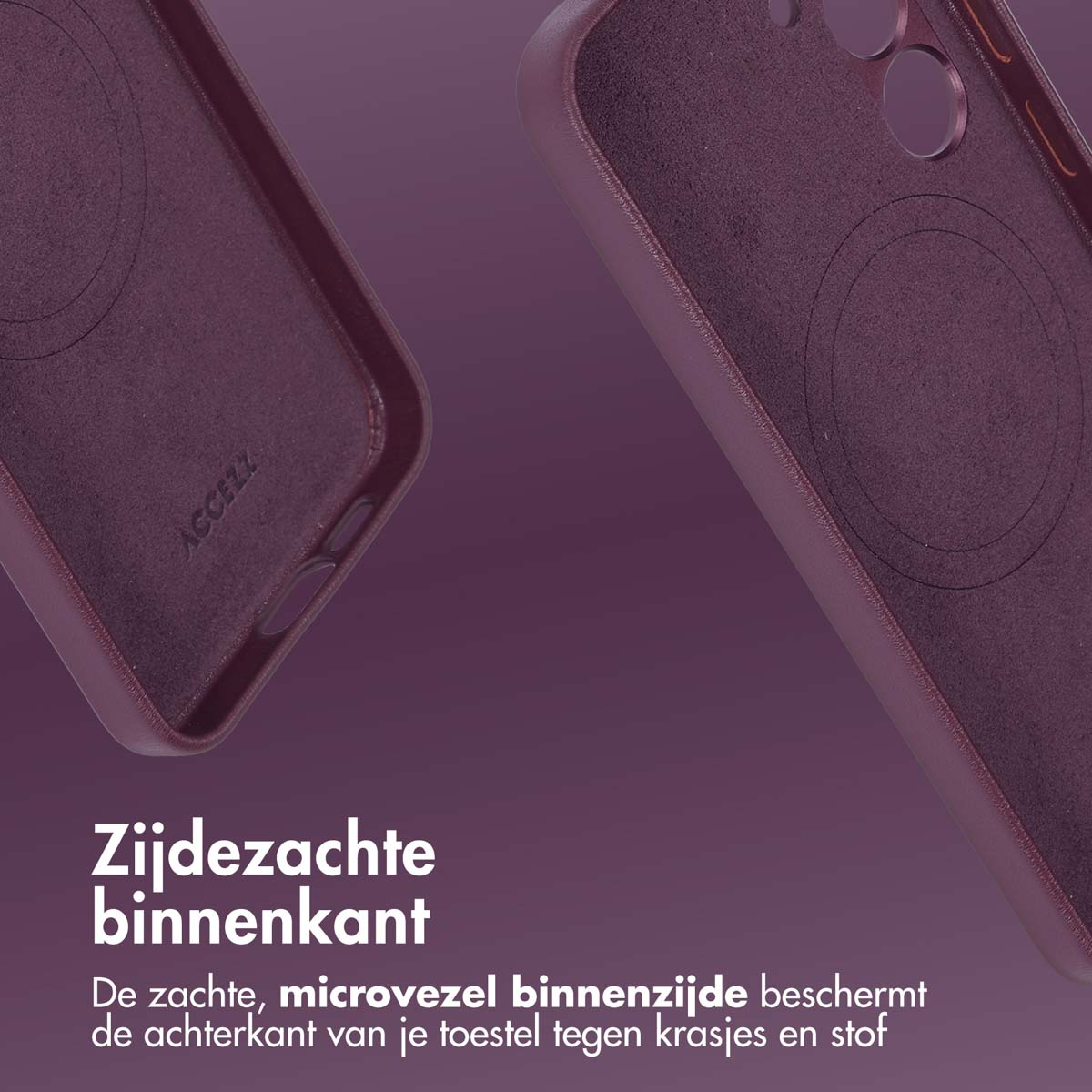 Paarse telefoonhoes binnenkant. Telefoonhoes met Accell logo. Paarse achtergrond.