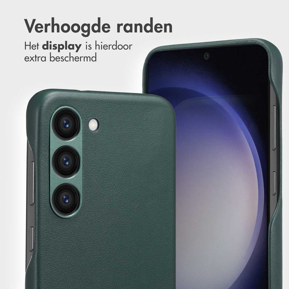 Groene telefoonhoes met verhoogde randen. Telefoon is binnenin te zien. Verhoogde randen beschermen scherm.