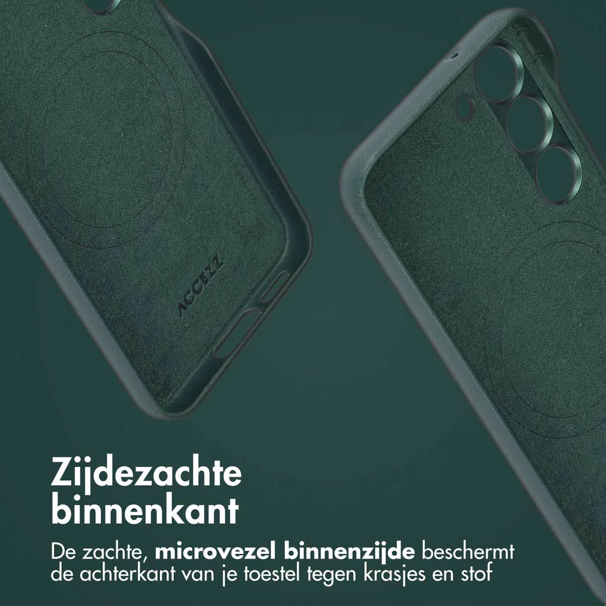 Groen telefoonhoesje binnenkant, toont zachte microvezelvoering, close-up.