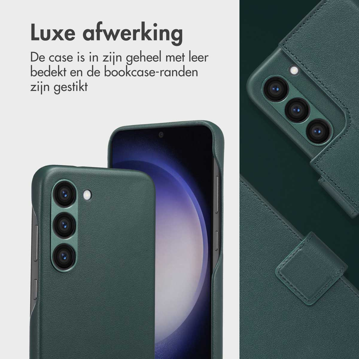 Donkergroene telefoonhoes met een telefoon erin. De hoes heeft een ledertextuur. De telefoon heeft camera's.