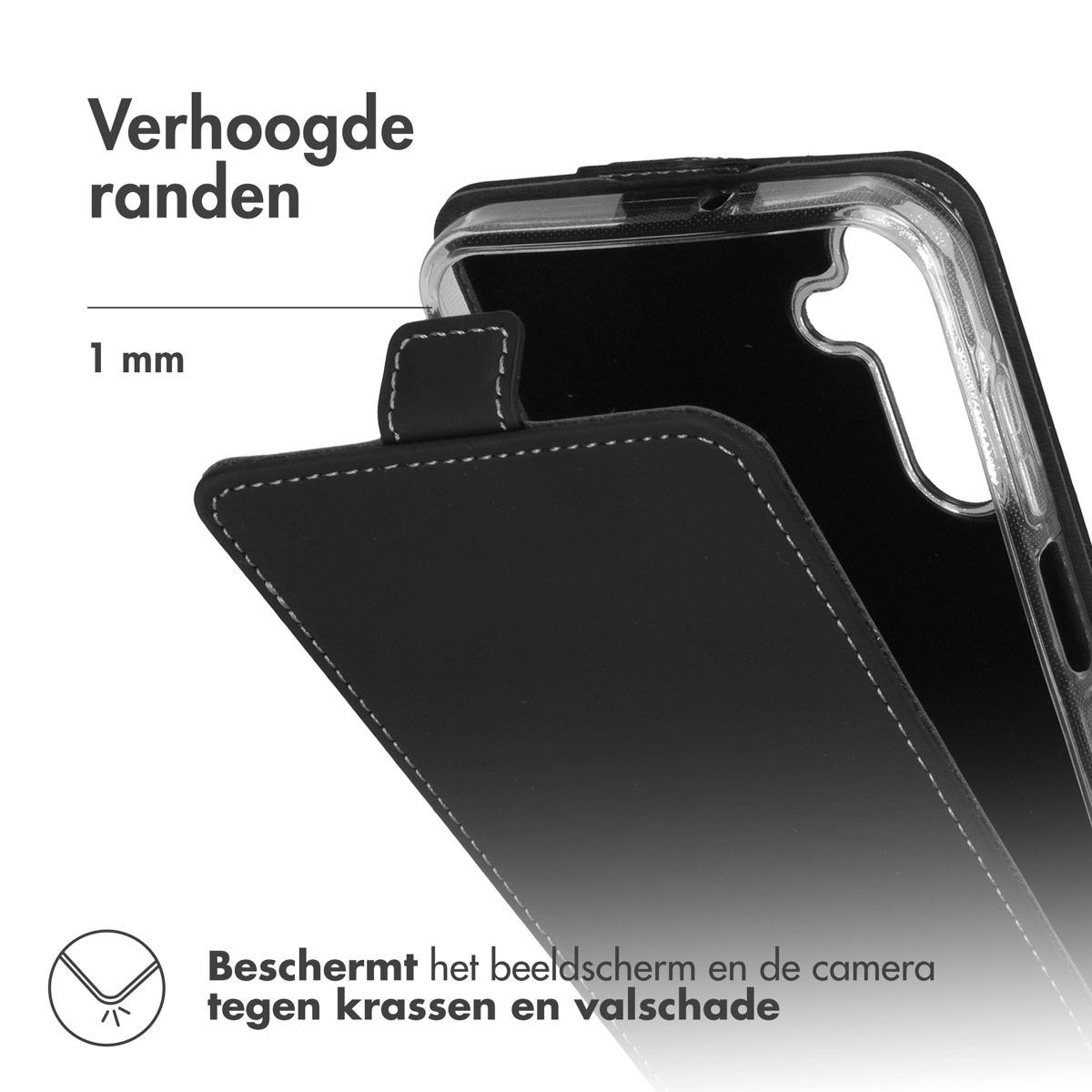 Coque de téléphone noire avec protecteur d'écran, montrant un bord surélevé de 1 mm.