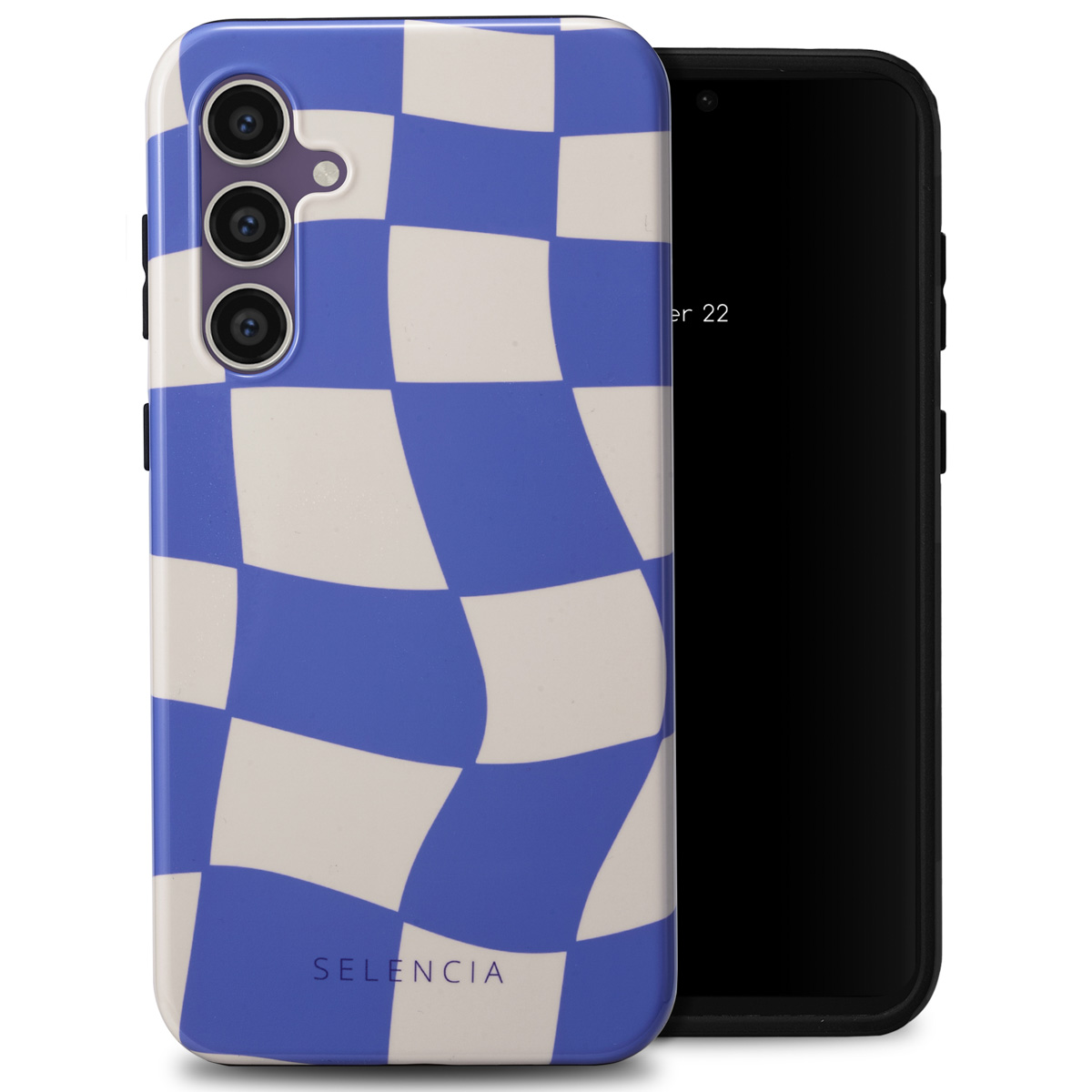 Coque de téléphone avec un motif à carreaux bleu et blanc, et un téléphone à l'intérieur.