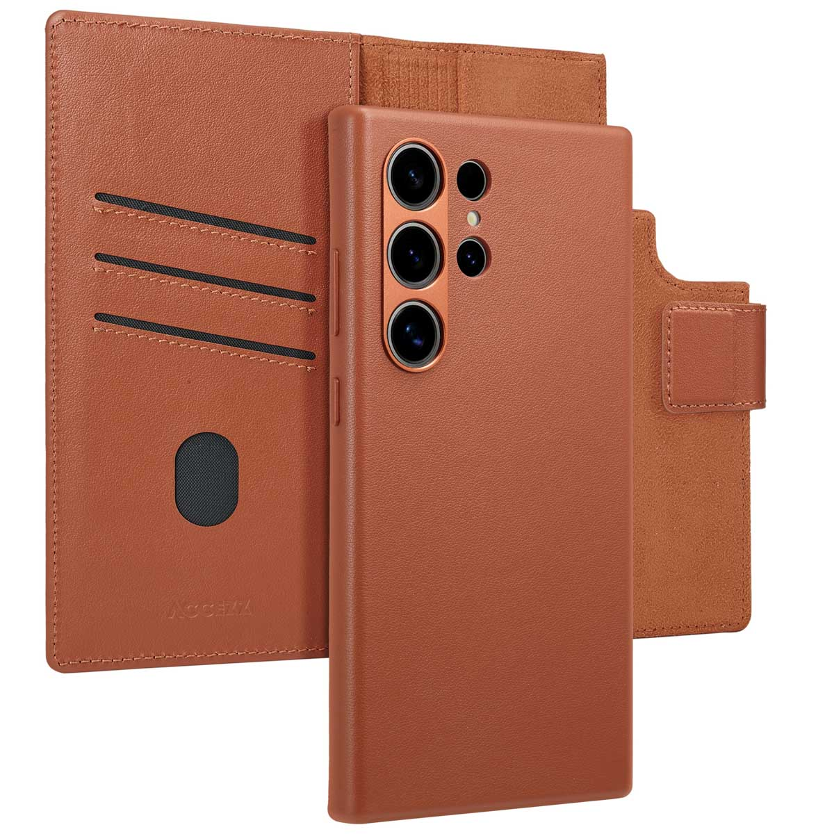 Coque de téléphone marron avec fente pour carte et téléphone.
