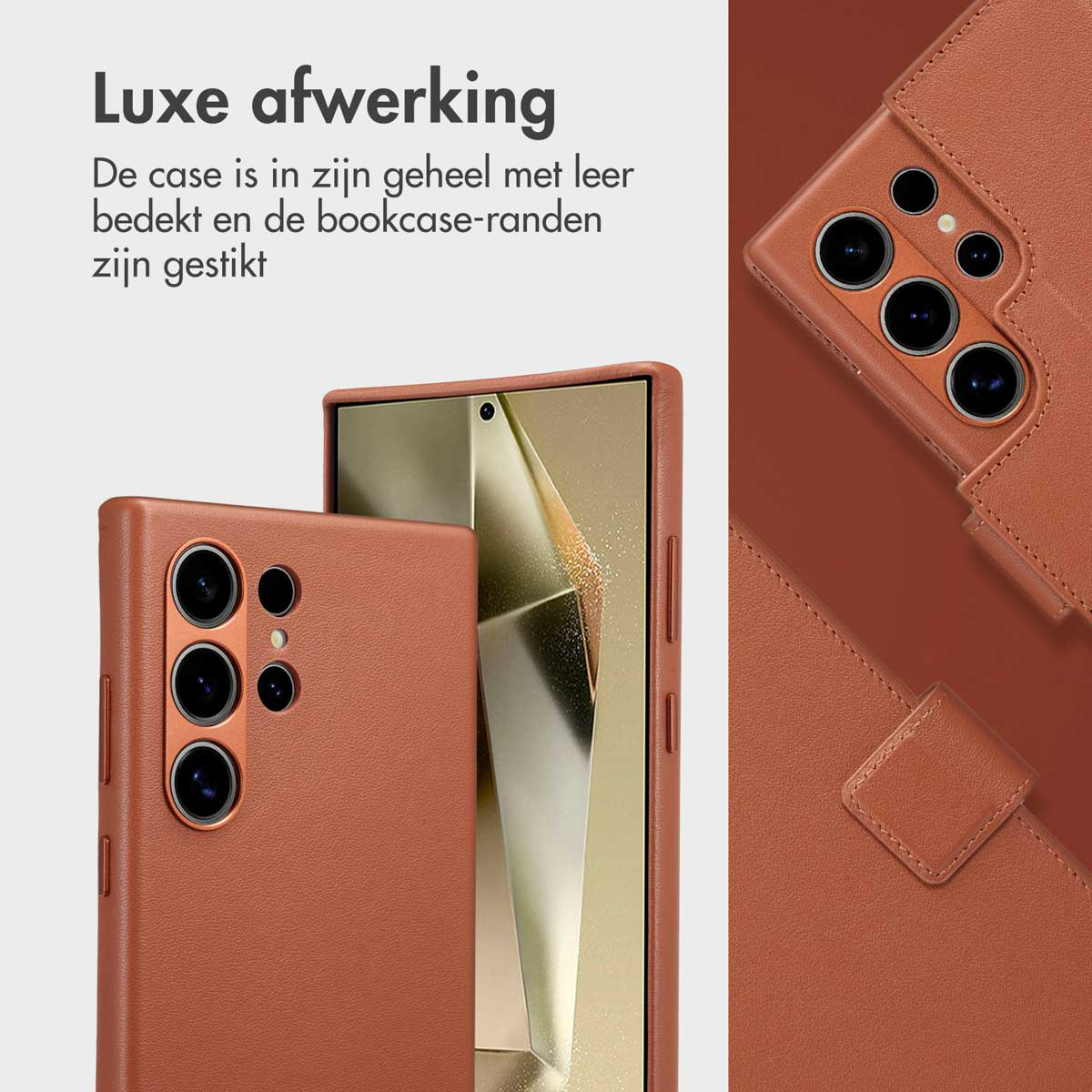 Coque de téléphone et téléphone marron, montrant l'arrière du téléphone et de la coque.