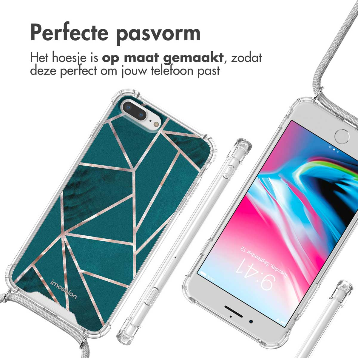 Coque transparente avec un design géométrique. Un téléphone est à l'intérieur et à côté de la coque.
