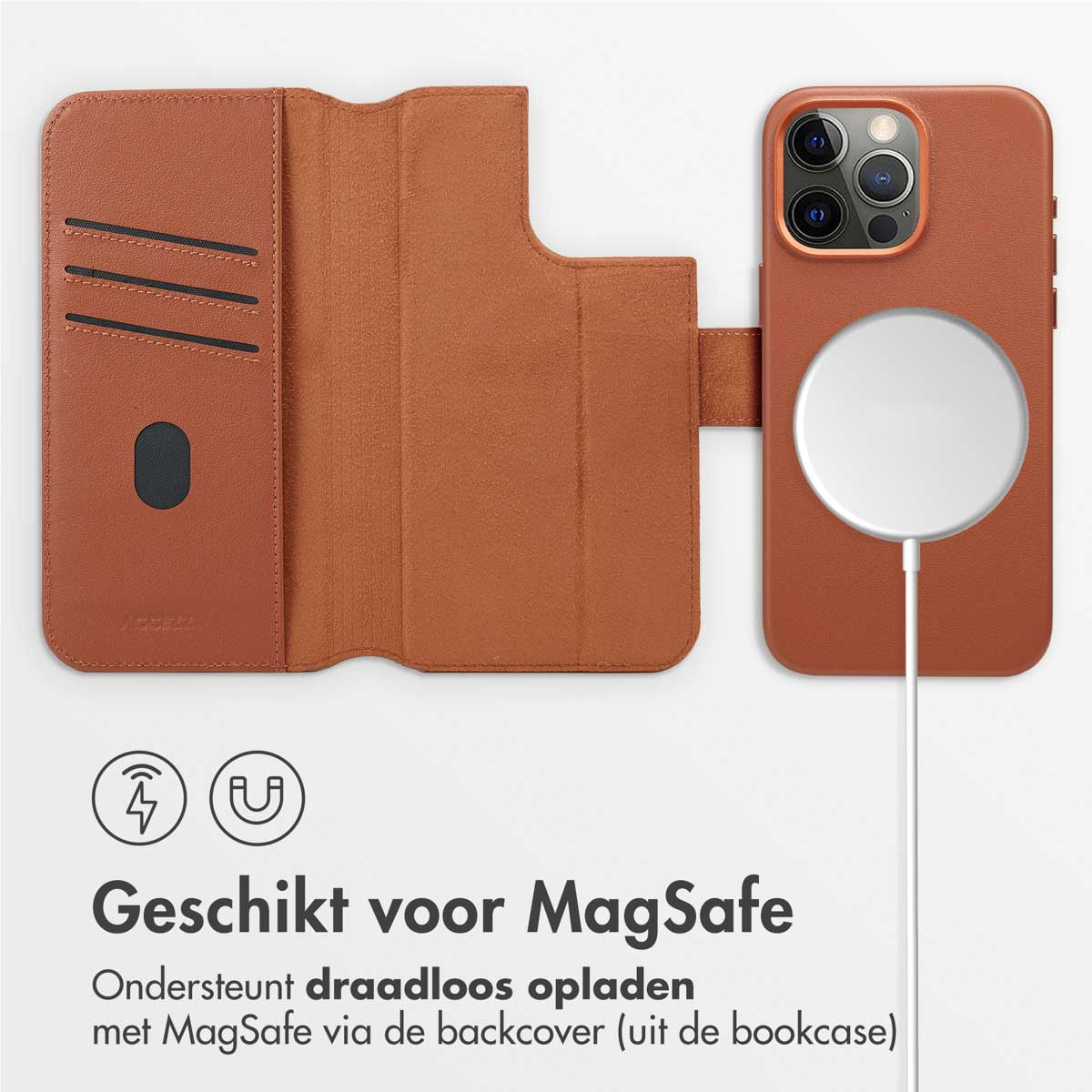 Custodia per telefono marrone con slot per schede e telefono, supporta la ricarica wireless.