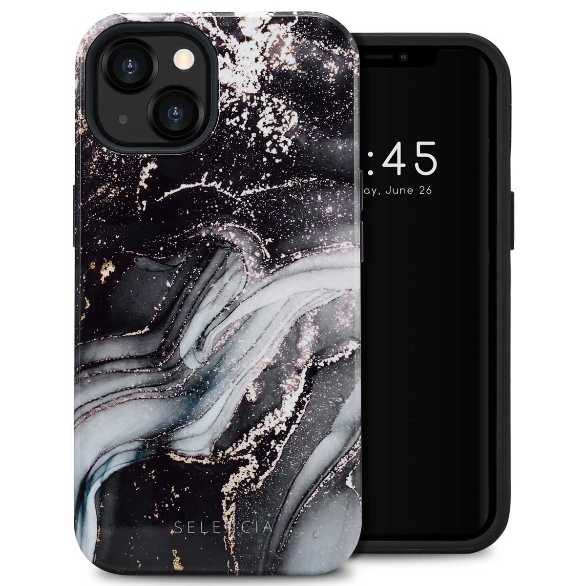 Téléphone et étui. Le téléphone a un écran noir. L'étui a un motif marbré.