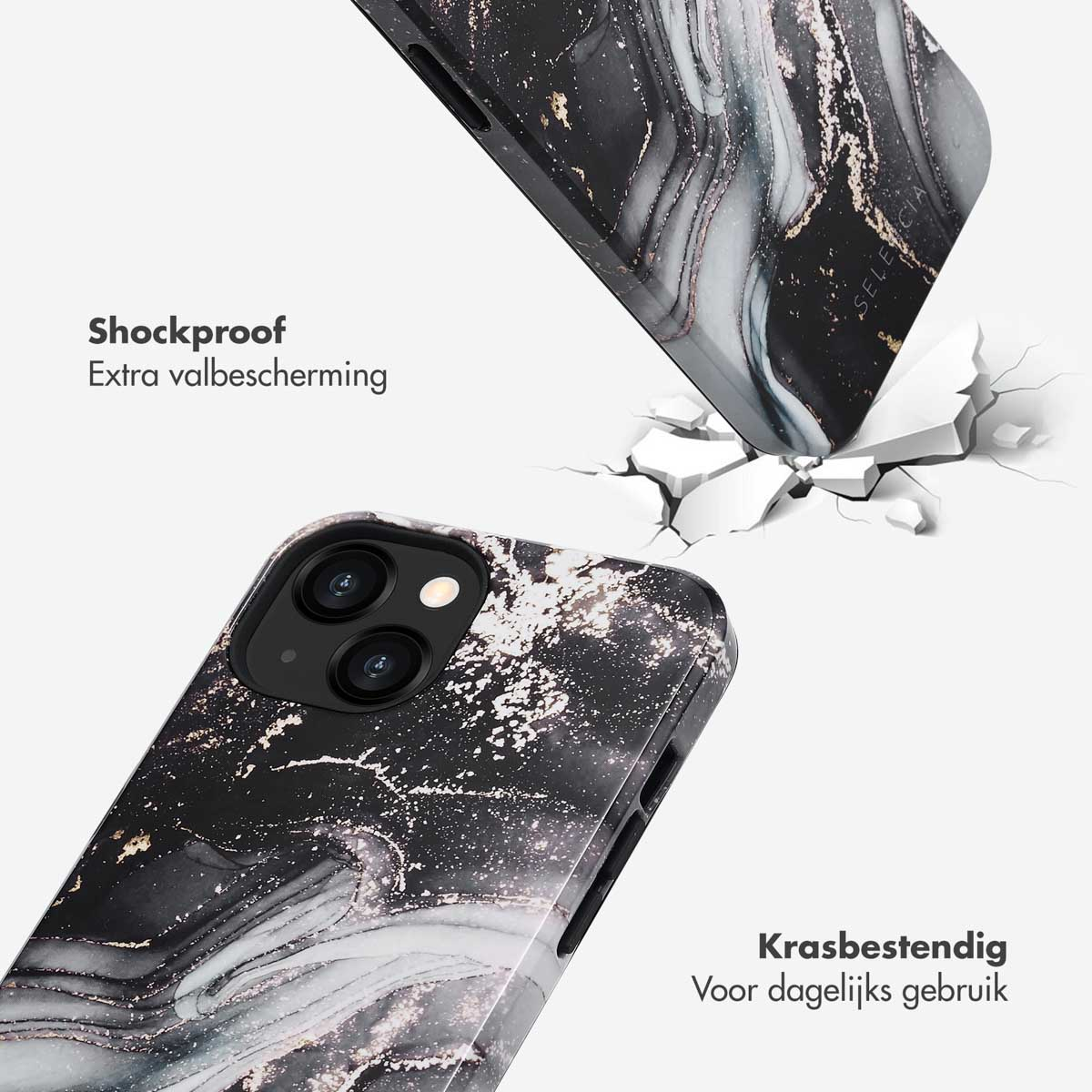 Deux coques de téléphone, une tombant et brisant une surface. Design marbre noir.