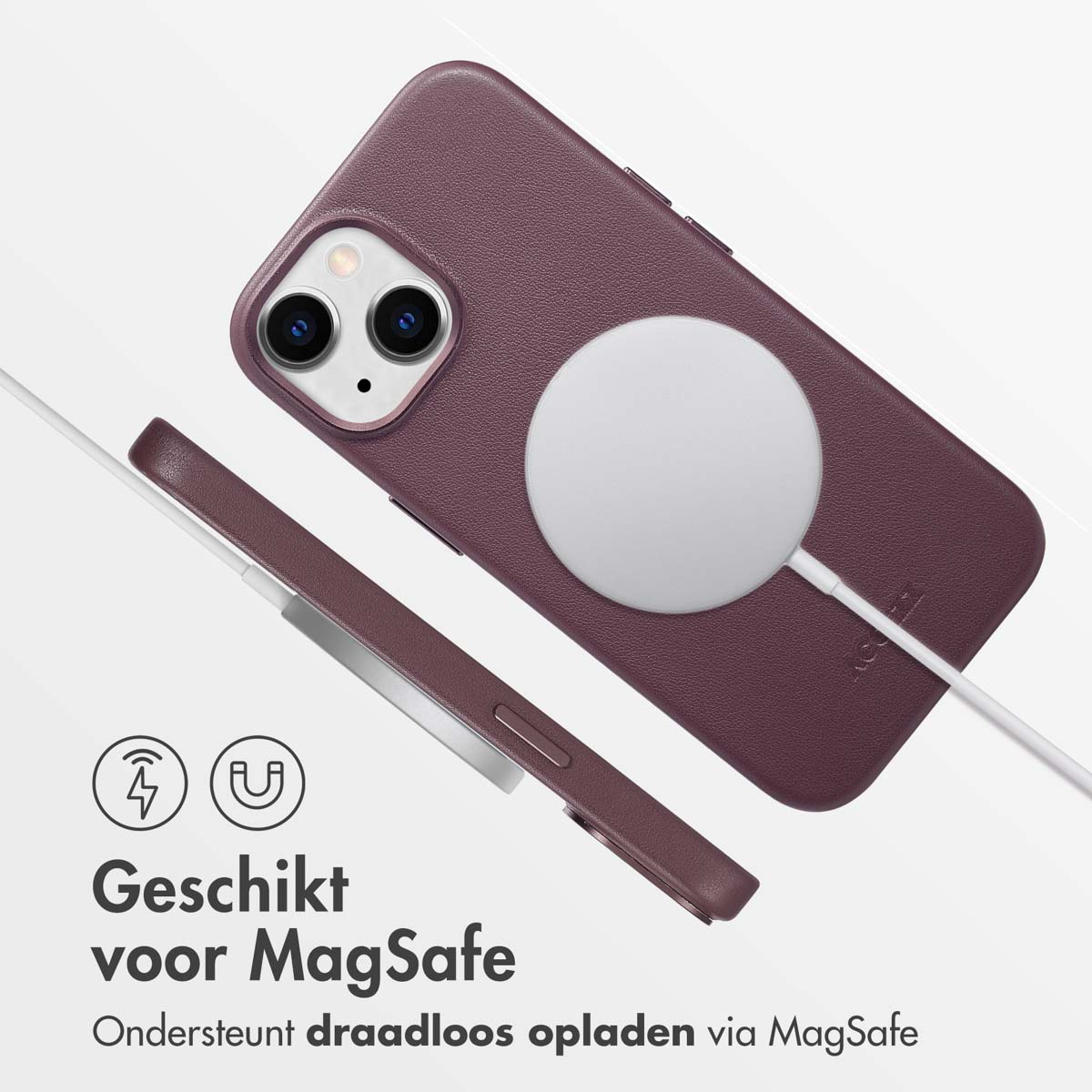 Een telefoon met een paarse hoes en een draadloze oplader. Tekst zegt 'Geschikt voor MagSafe'.