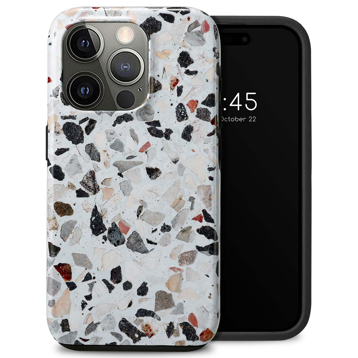 Coque iPhone avec motif moucheté blanc, noir et gris. Un iPhone noir est visible en arrière-plan.