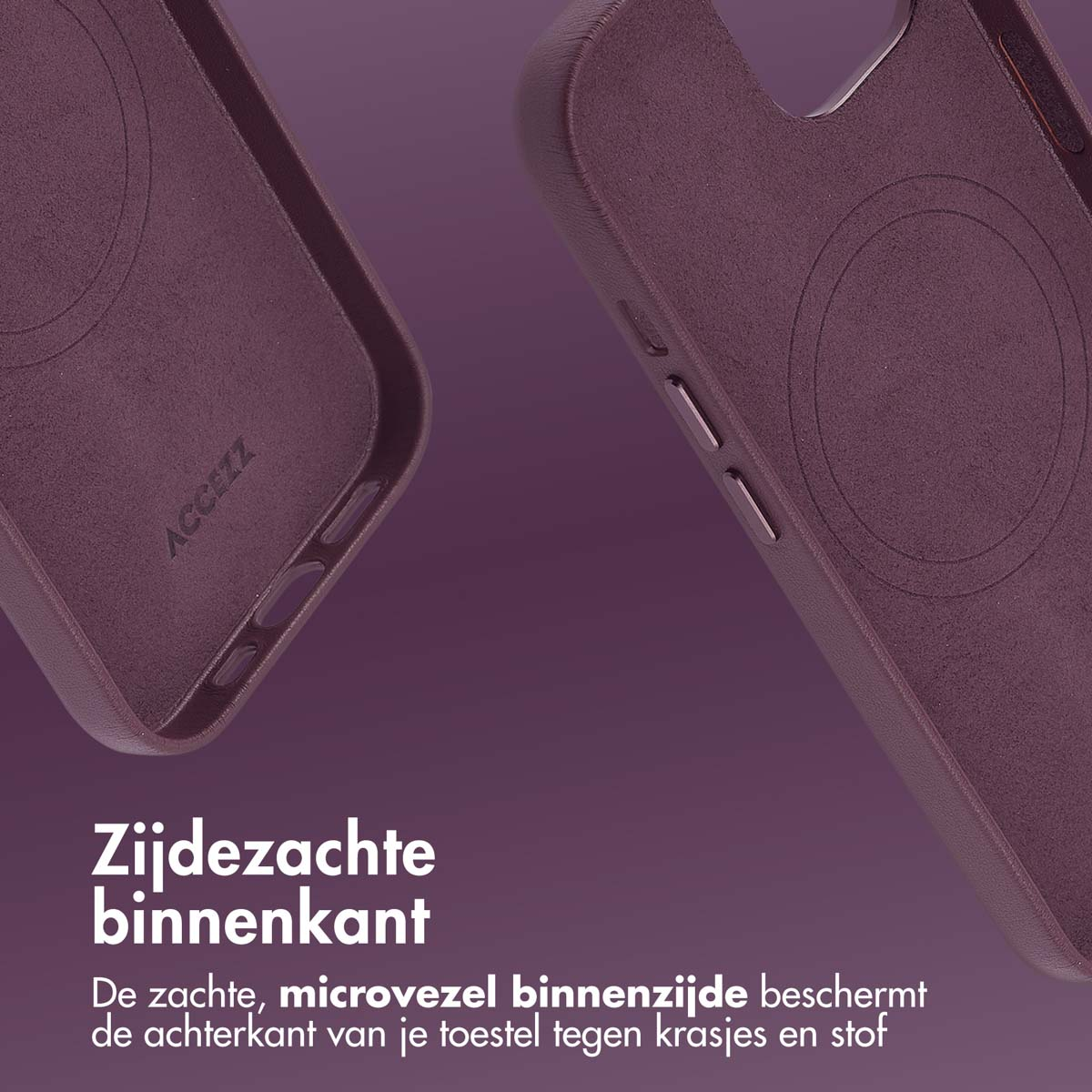 Paars telefoonhoesinterieur met de merknaam ACCEZZ. Het hoesinterieur is zacht.