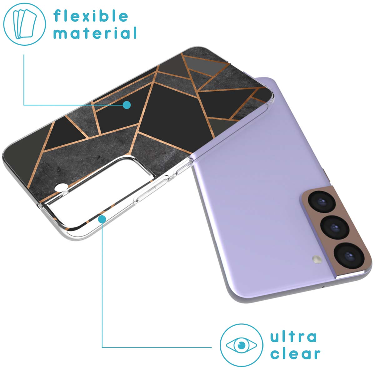 Custodia per telefono con design geometrico. La custodia è trasparente con linee nere e oro. Il telefono è viola.