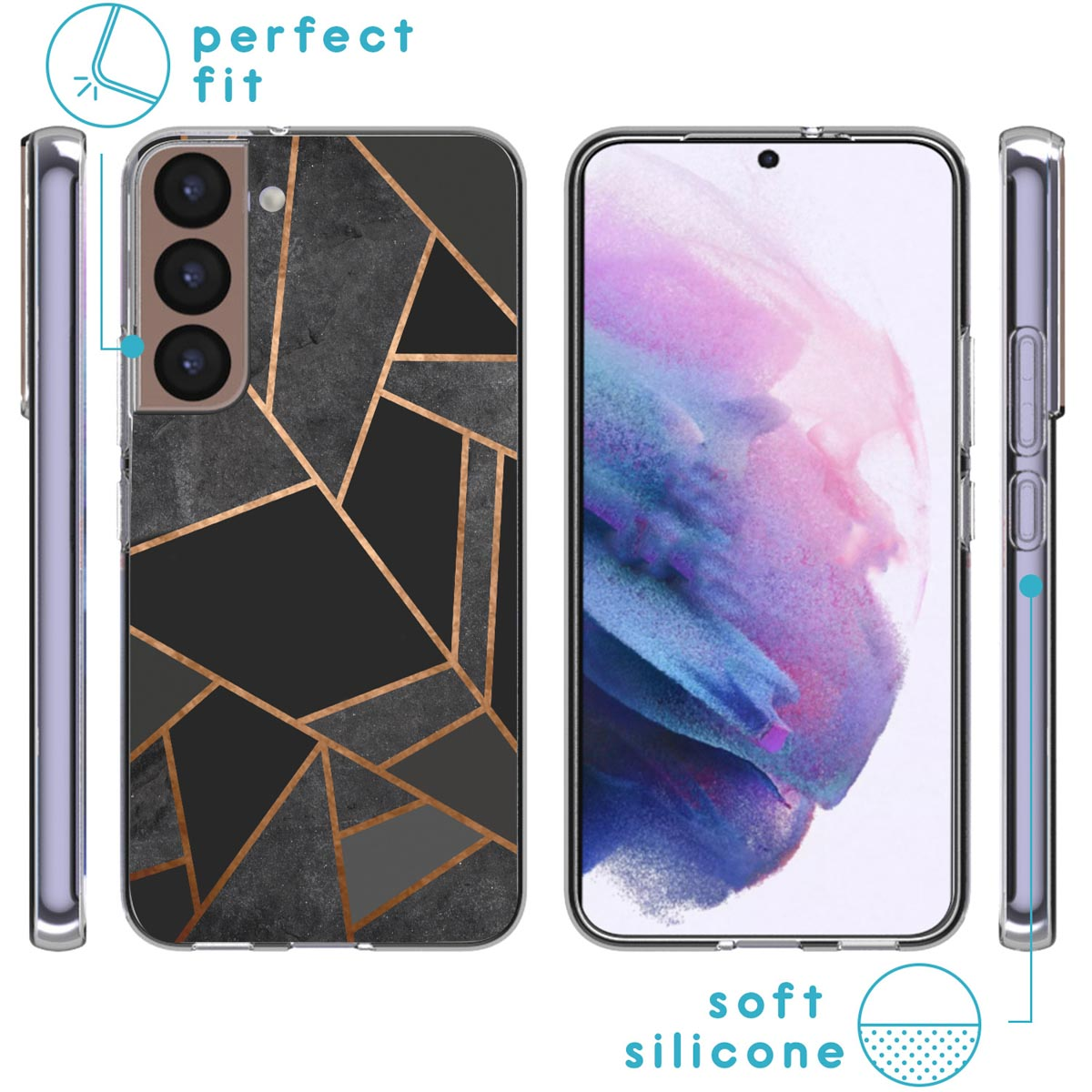 Custodie per telefono: nere, decorate. Testo: vestibilità perfetta, silicone morbido.