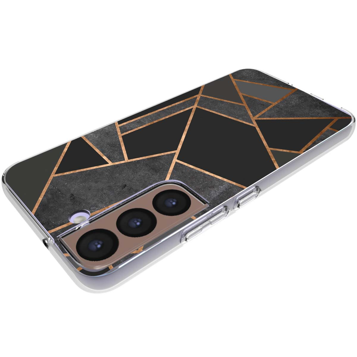 Una custodia per smartphone con un motivo geometrico nero, grigio e oro, con un obiettivo a tripla fotocamera.