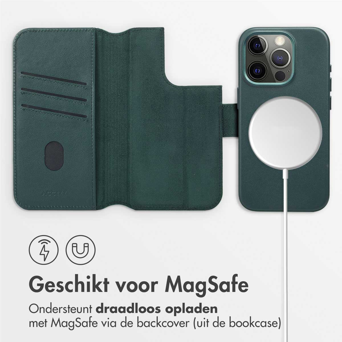 Coque de téléphone verte ouverte, avec cercle de chargement sans fil MagSafe et câble de chargement.