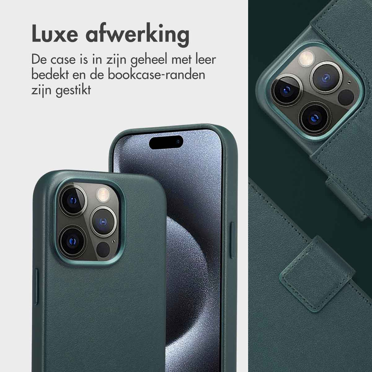 Étuis de téléphone verts sur les téléphones. Texte : « Finition luxueuse ». L'étui recouvre le téléphone avec des découpes pour l'appareil photo.