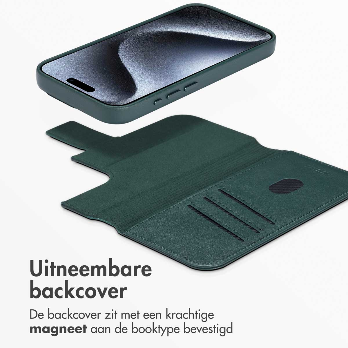 Coque de téléphone verte avec un dos amovible, montrant l'intérieur.