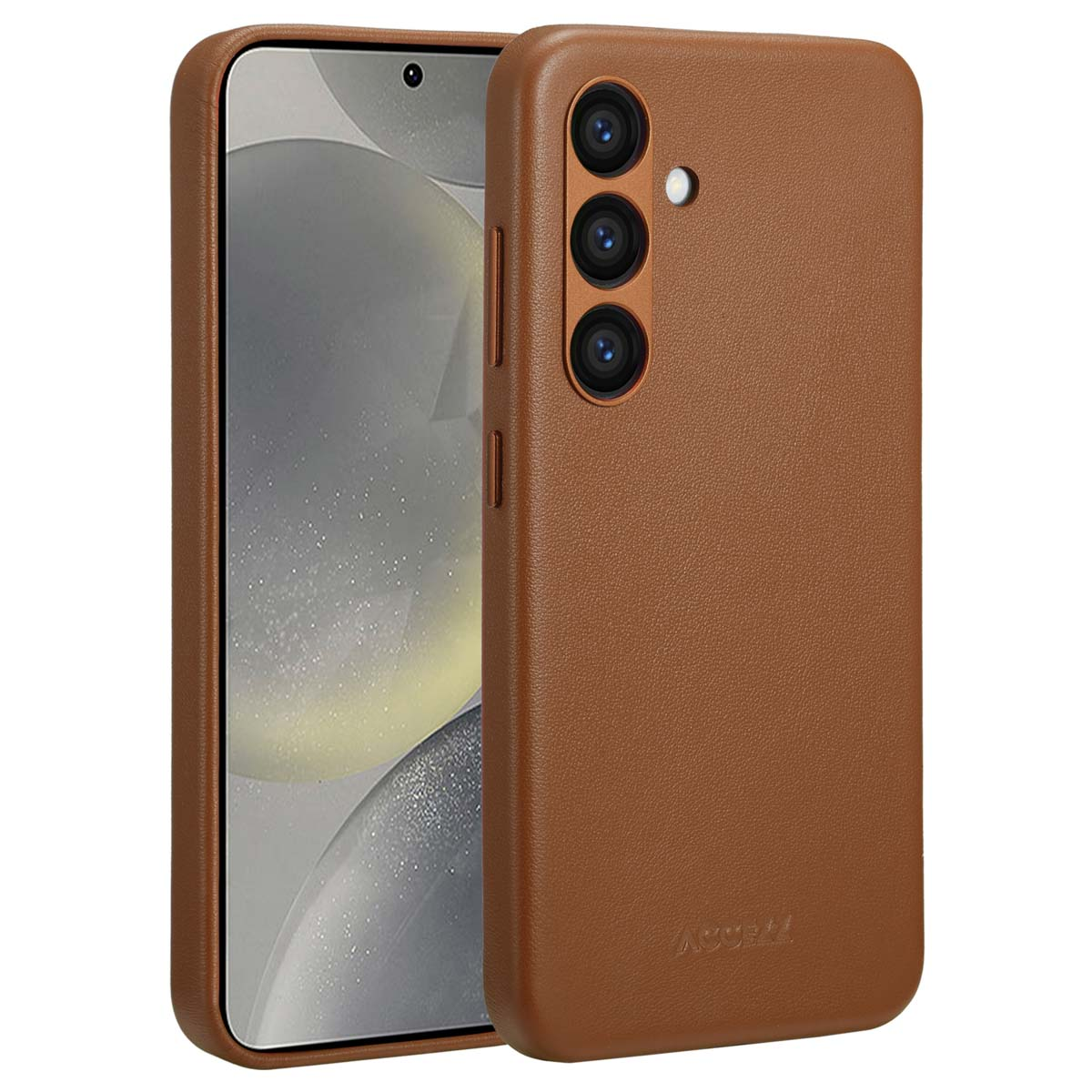 Bruine telefoonhoes met telefoon. Tekst: Telefoonhoes met een bruine leertextuur. Telefoon met een zwart scherm.