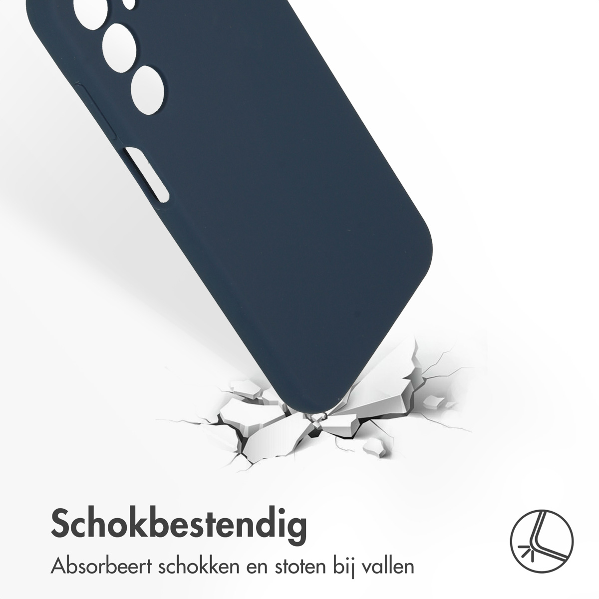 Donkerblauwe telefoonhoes die wordt geraakt met een witte achtergrond.