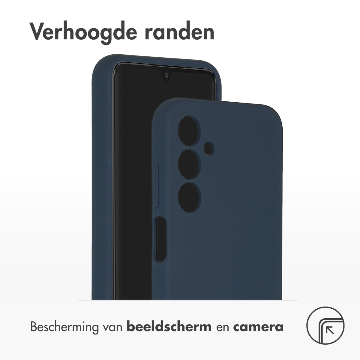Marineblauwe telefoonhoes en telefoon. Tekst: Verhoogde randen, bescherming van scherm en camera.