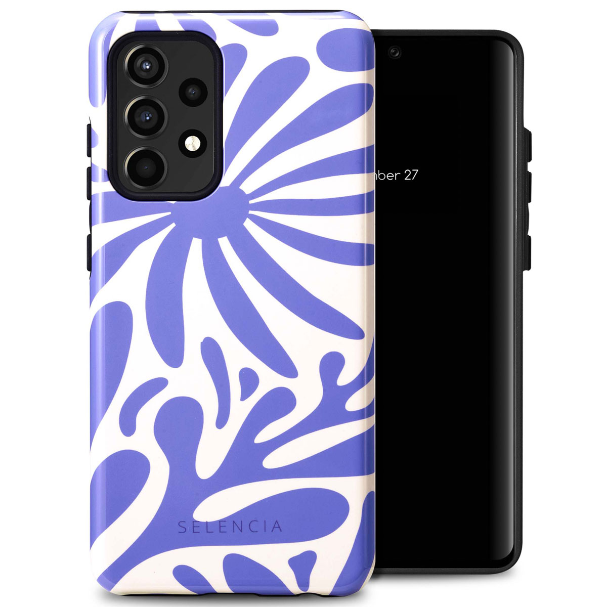Een telefoonhoesje met een bloemendesign in blauw en wit. Een zwarte telefoon staat ernaast.