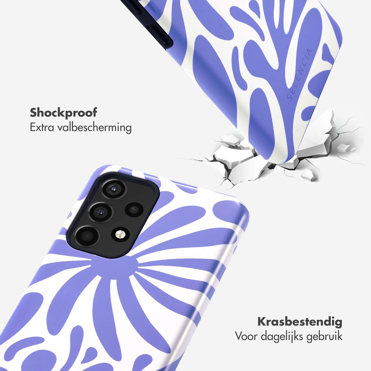 Blauw en wit patroon telefoonhoesje, één valt en barst een oppervlak, toont ontwerp.