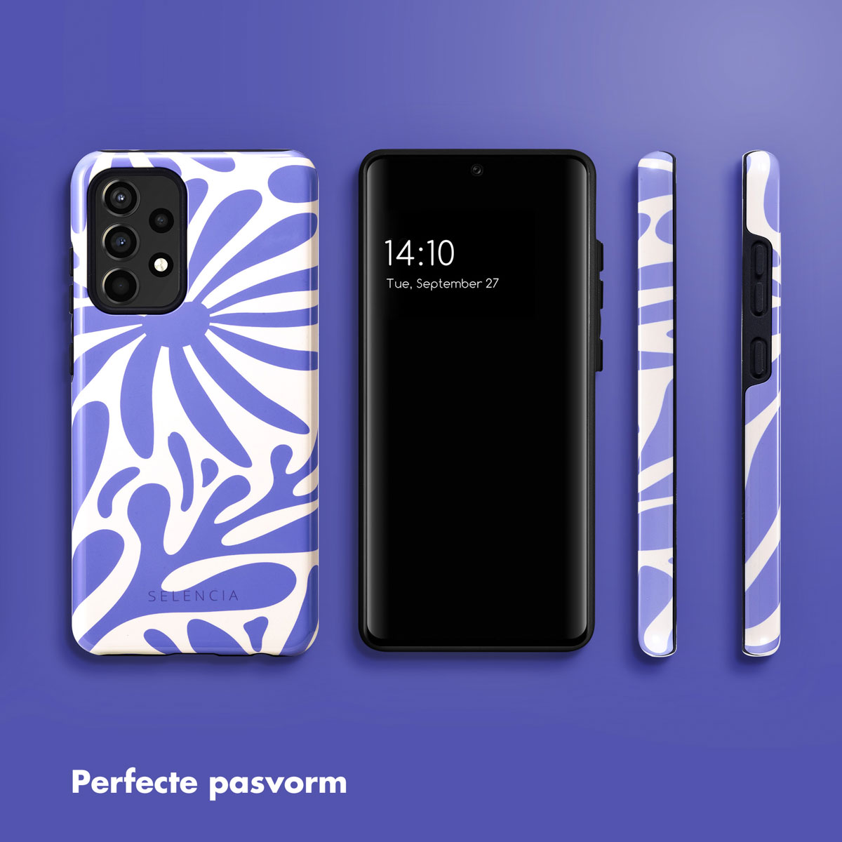 Telefoonhoesje met blauw en wit bloemmotief. De telefoon toont 14:10 op het scherm.