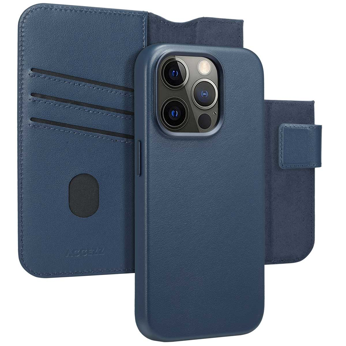 Blauwe leren telefoonhoes. Telefoon toont. Portemonneehoes met kaartsleuven. ACCEZZ.
