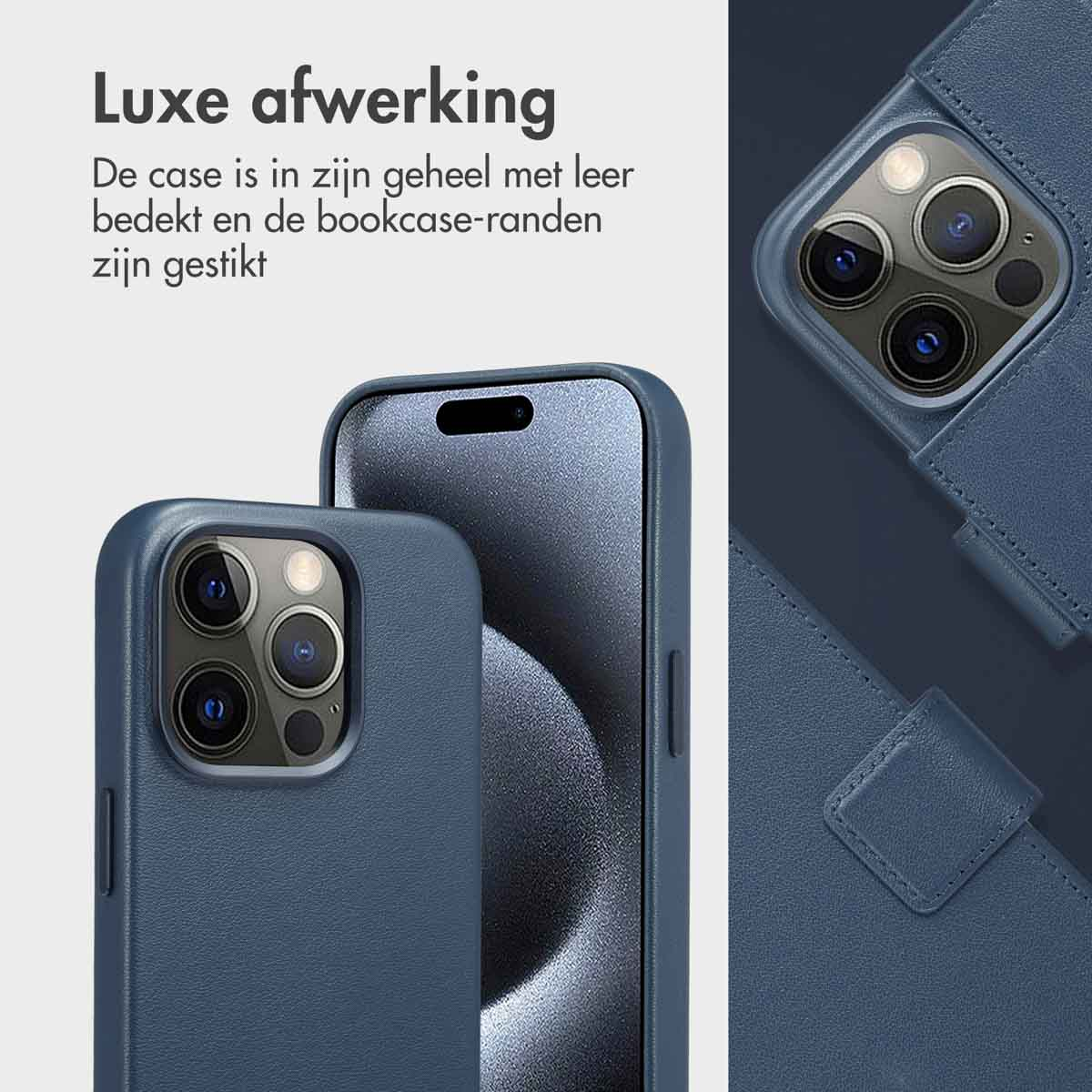 Blauwe telefoonhoesjes op telefoons. Tekst: "Luxe afwerking." De case bedekt de telefoon met camera-uitsparingen.