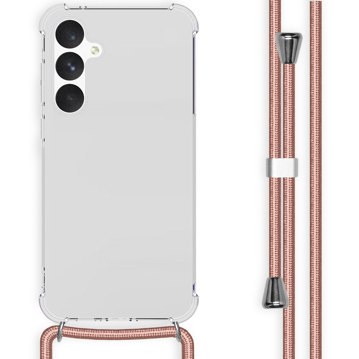 Une coque de téléphone transparente avec une sangle rose. Un téléphone est visible à l'intérieur de la coque.