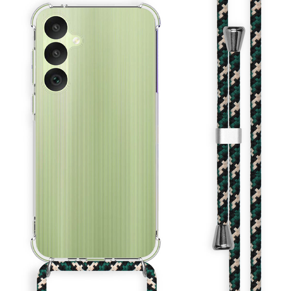 Telefono verde con cinturino. Custodia verde con strisce. Cinturino nero, verde e bianco.