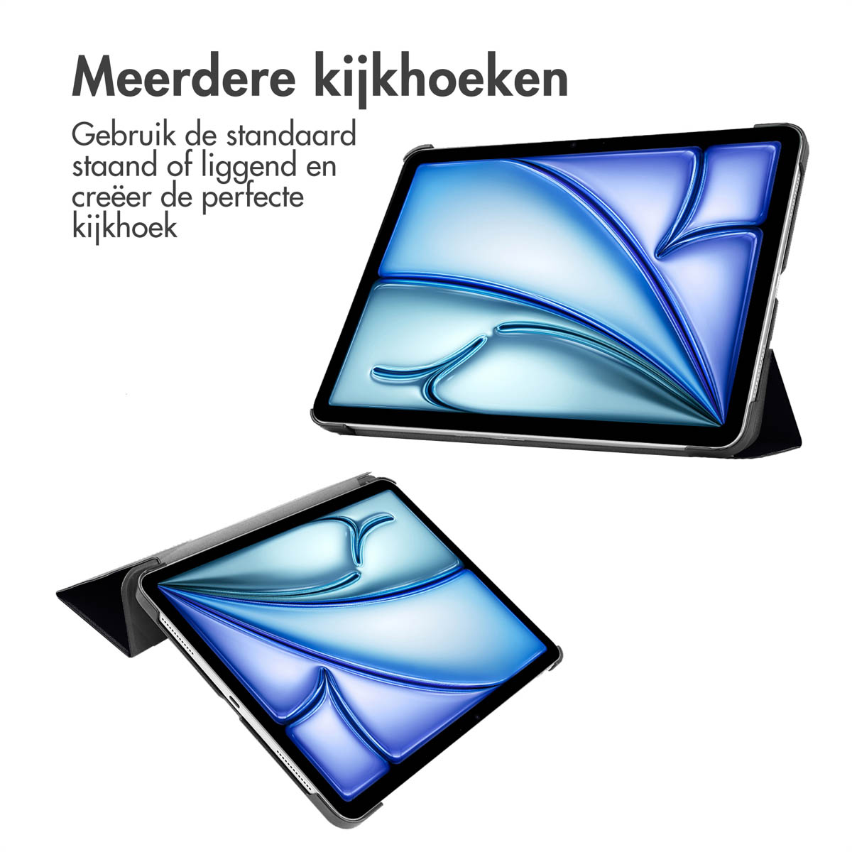 Two tablets in cases, one open. Text: 'Multiple viewing angles' and an illustration of tablet use.